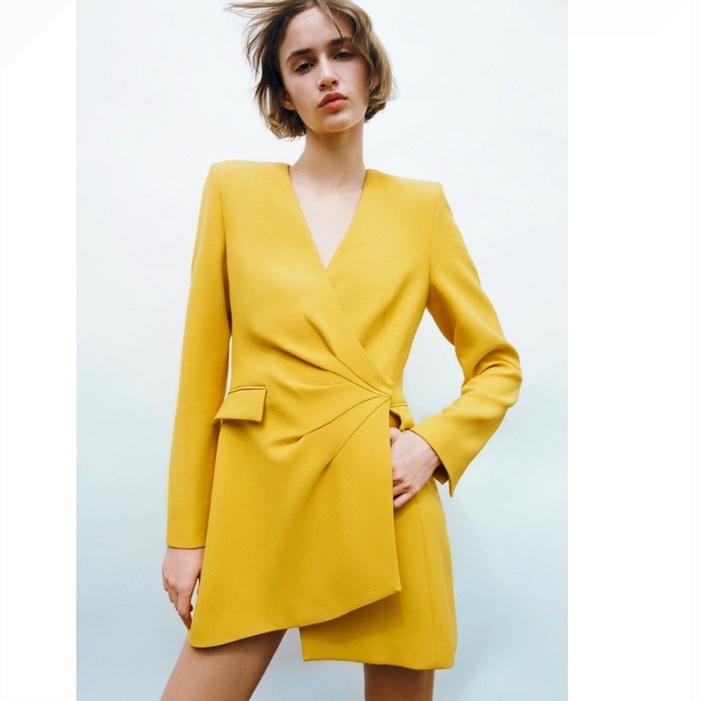Zara Mustard Yellow Pleat Wrap Blazer Dress Mini Long Sleeve Structured Shoulder